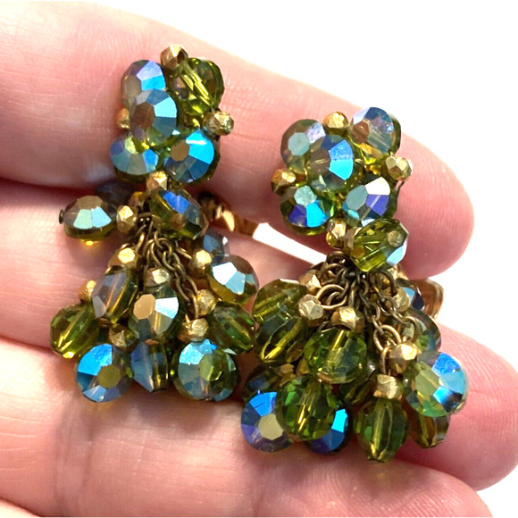 Vogue Clip On Earrings Drop Dangle Bead Clusters AB Green Blue Gold Mid Century - Picture 8 of 10